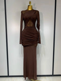 Elegant Mesh Fold Long Sleeve Bodycon Dress Women Evening Party Club Sexy Perspective Fashion Luxury Birthday Dresses Dark Brown