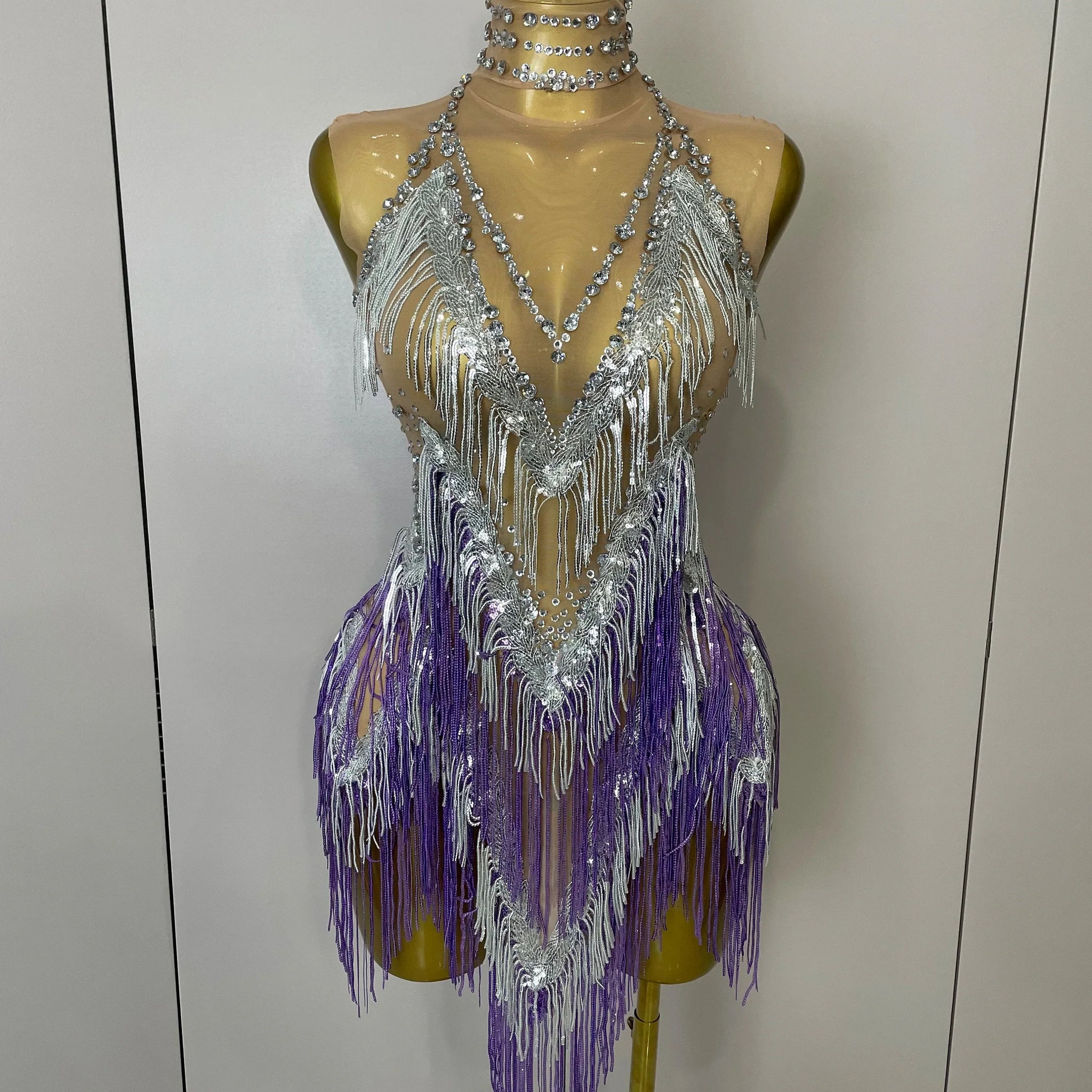 Women Sexy Stretch Mesh Sparkly Rhinestone Tassels Mini Dress Nightclub Singer Dance Stage Costume Evening Gowns PURPLE