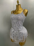 Sparkly Silver Rhinestones Pearl Tassels Bodysuit Women Sexy Eveing Birthday Party Nightclub Stage Performance Costume