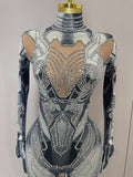 Trendy Women Sexy Rhinestones Printed Skinny Jumpsuit High Street Performance Dance Costume Bar Club Show Stage Wear
