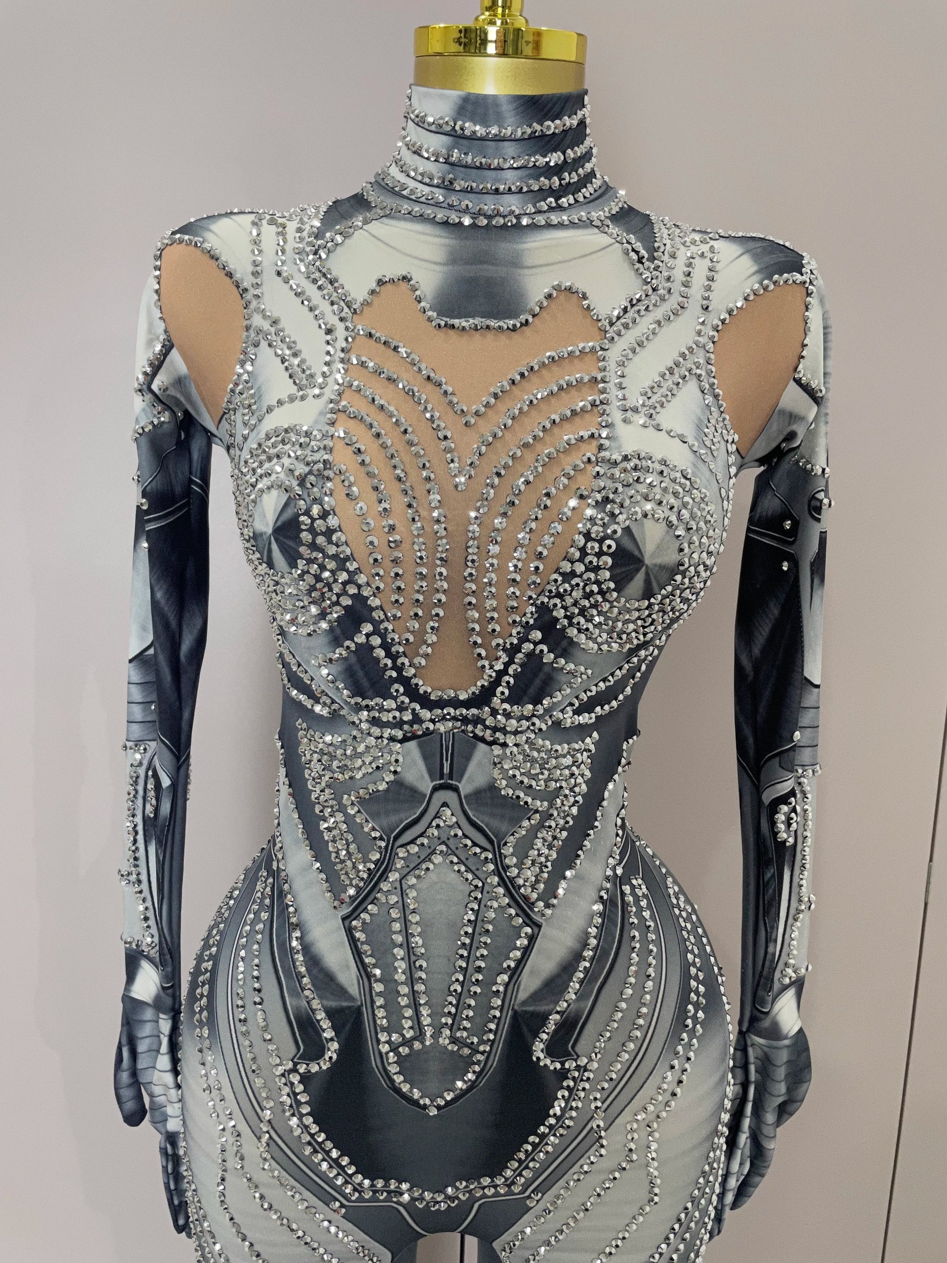 Trendy Women Sexy Rhinestones Printed Skinny Jumpsuit High Street Performance Dance Costume Bar Club Show Stage Wear