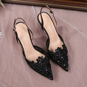 Women’s Summer Satin Air Mesh Pumps White Black Pointed Toe Rhinestone Slingbacks High Heels Black 8.5cm