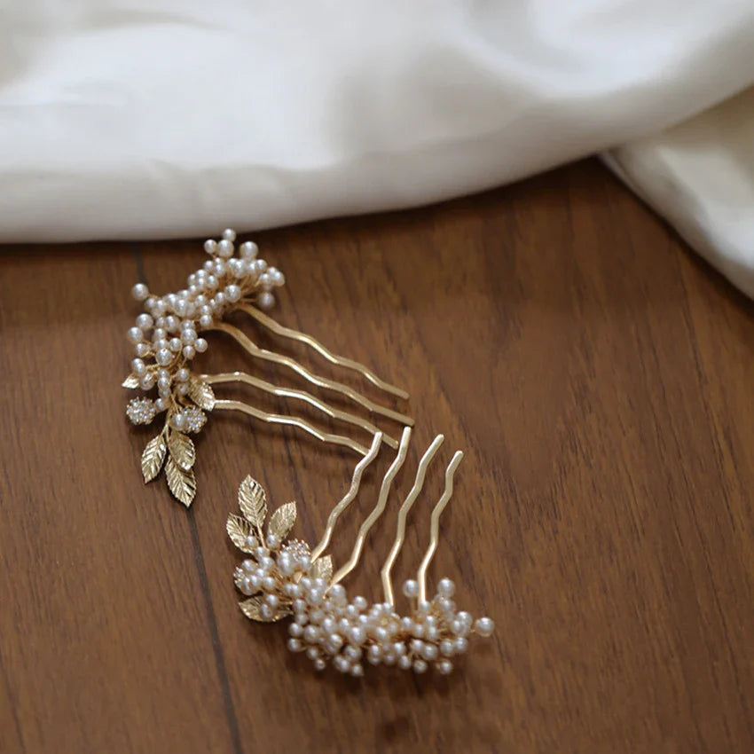 Bridal Jewelry Pearl Hairpin Gold Color Head Piece Bride Party Dinner Dress Handmade Leaf Hair Comb Pin Clip Wedding Accessories