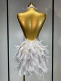 Sexy Halter Backless Feather Pearl Short Party Dress Women Luxury Rhinestone Celebrate Birthday Outfit Performance Dance Costume