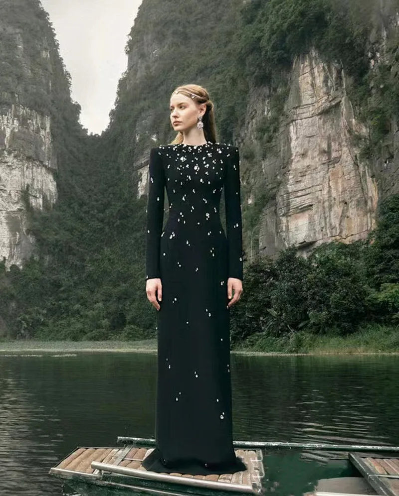 Top Quality Women Long Sleeve Shinning Crystal Bodycon Long Bandage Dress Elegant Evening Party Occation Celebrate Outfit