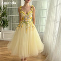 Faint Yellow A-line Prom Dresses 3D Flower Lace Appliques Formal Occasion Knee-Length Elegant Sleeveless Valentines Day