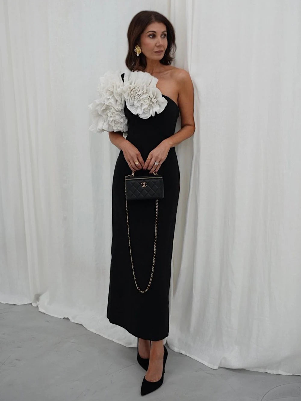 Elegant Evening Long Bandage Dress Fashion Splicing Ruffle Flowers Club Party Gowns Lady Sexy Diagonal Collar Dress