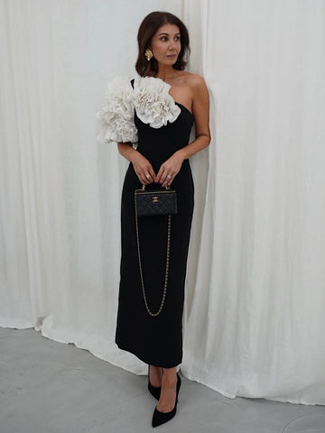 Elegant Evening Long Bandage Dress Fashion Splicing Ruffle Flowers Club Party Gowns Lady Sexy Diagonal Collar Dress