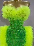 Sparkly Rhinestone Sexy Strapless Tops Skirt 2 PCS Set Women Celebrate Evening Prom Birthday Dress Nightclub Stage Outfit