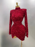Sexy Sparkly Red Sequins Long Sleeve Short Dress Women Evening Celebrate Birthday Party Club Performance Stage Costume