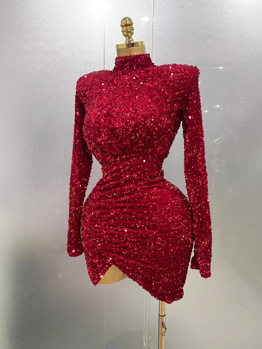 Sexy Sparkly Red Sequins Long Sleeve Short Dress Women Evening Celebrate Birthday Party Club Performance Stage Costume