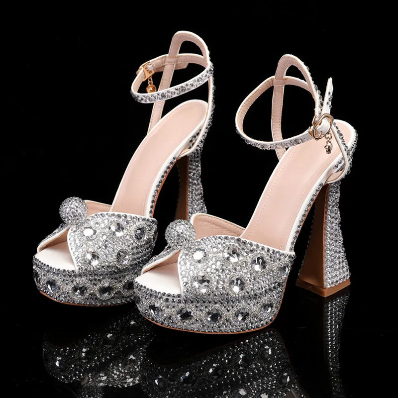 Luxury Handmade Full Rhinestones Peep toe Women Sandals Fashion Crystal Platform Wedges High heels Summer Wedding Sandals Shoes