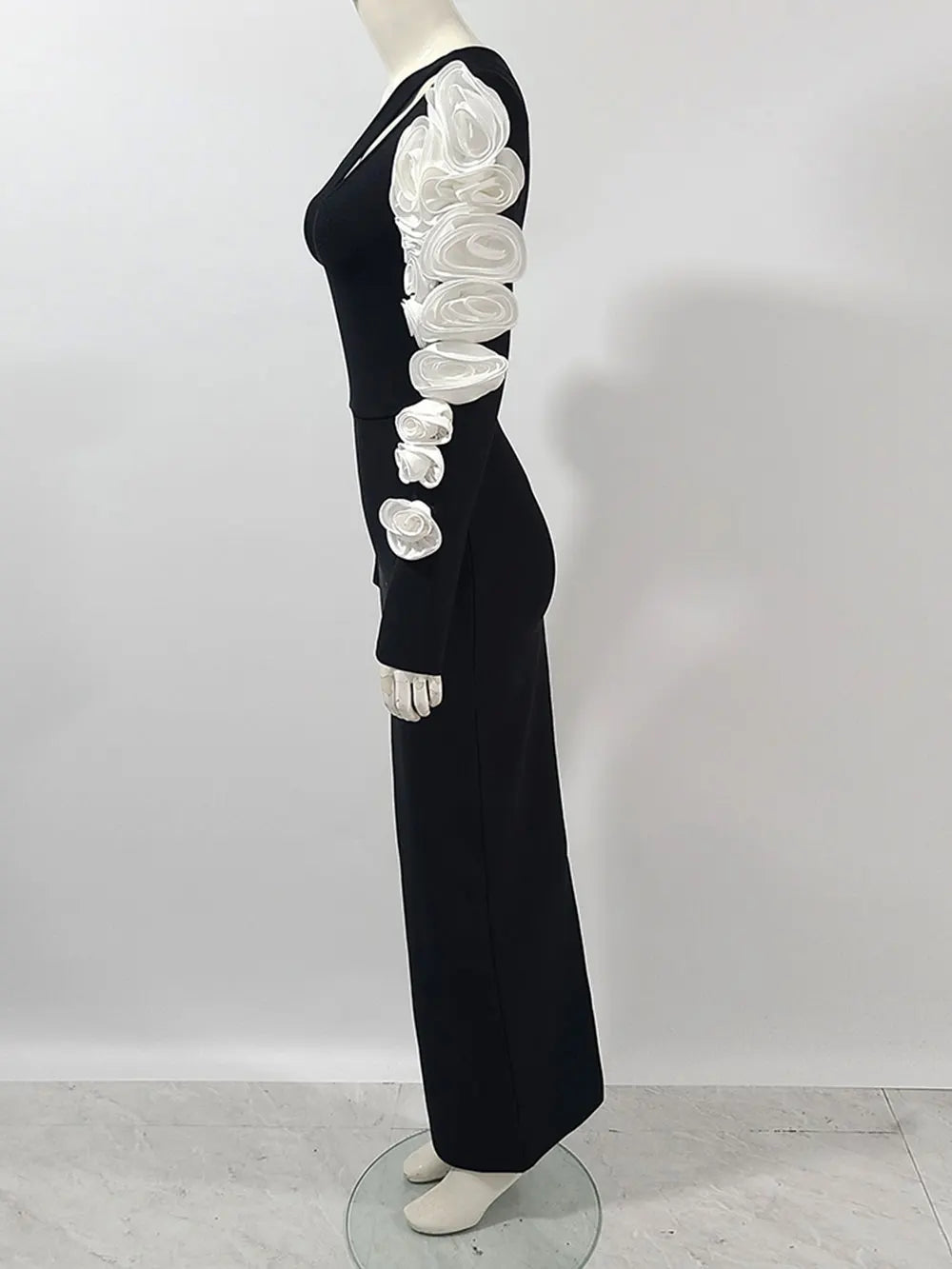 Sexy Women's 3D Flower Decorative Bandage Dress with Diagonal Collar Long Sleeve Bodycon Split Length Dress Party Vestidos