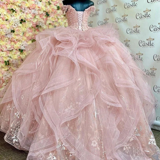 Glittering Pink Quinceanera Dress Off-Shoulder Party Prom Dress Lace Applique Sweet 16 Princess Vestidos De 15 Anos