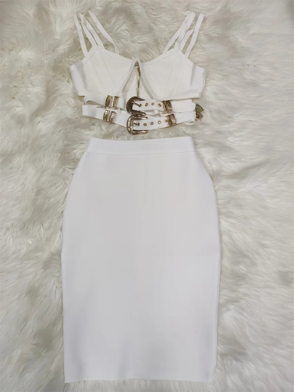 3 Colors Women Sexy Tops Skirts Set Rayon Bandage Fashion Nightclub Party Wear Women's Set High Quality WHITE