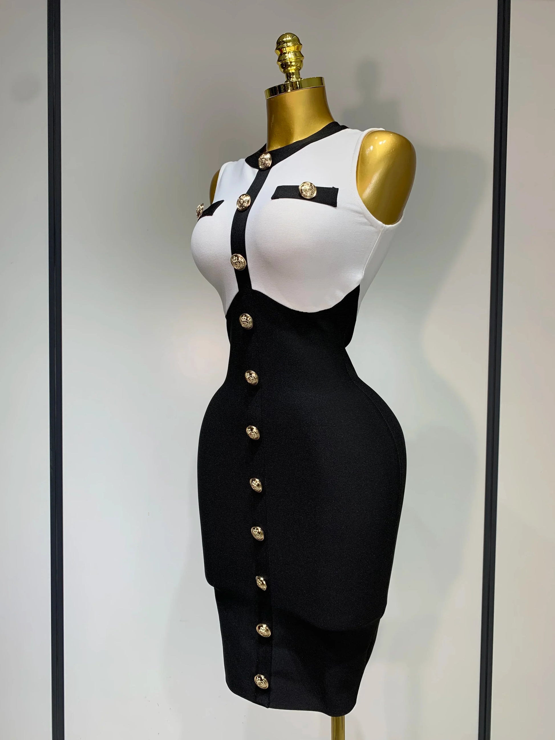 Arrivals Fashionable Women Bandage Golden Buttons White Black Patchwork Sleeveless Bodycon Elegant Party Dresses