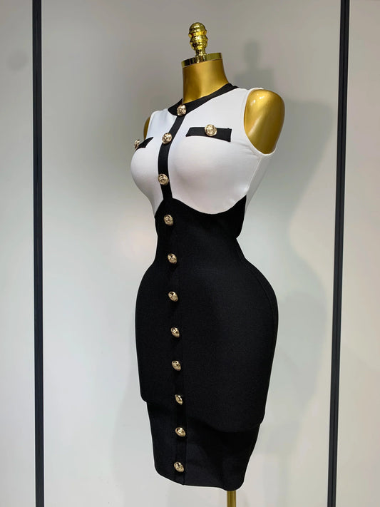Arrivals Fashionable Women Bandage Golden Buttons White Black Patchwork Sleeveless Bodycon Elegant Party Dresses