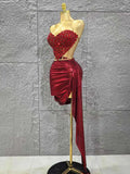 Shinning Red Crystal Women Sexy Strapless 2 Pieces Bodycon Mini Dress Nightclub Party Celebrate Birthday Photo Shoot Wear Red