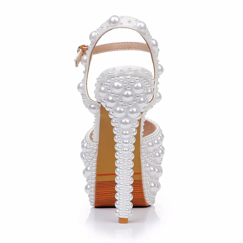Luxury Full Pearls Beaded Peep toe Women Gladiator Sandals Fashion Summer Platform Wedges 14cm High heels Wedding Party Shoes