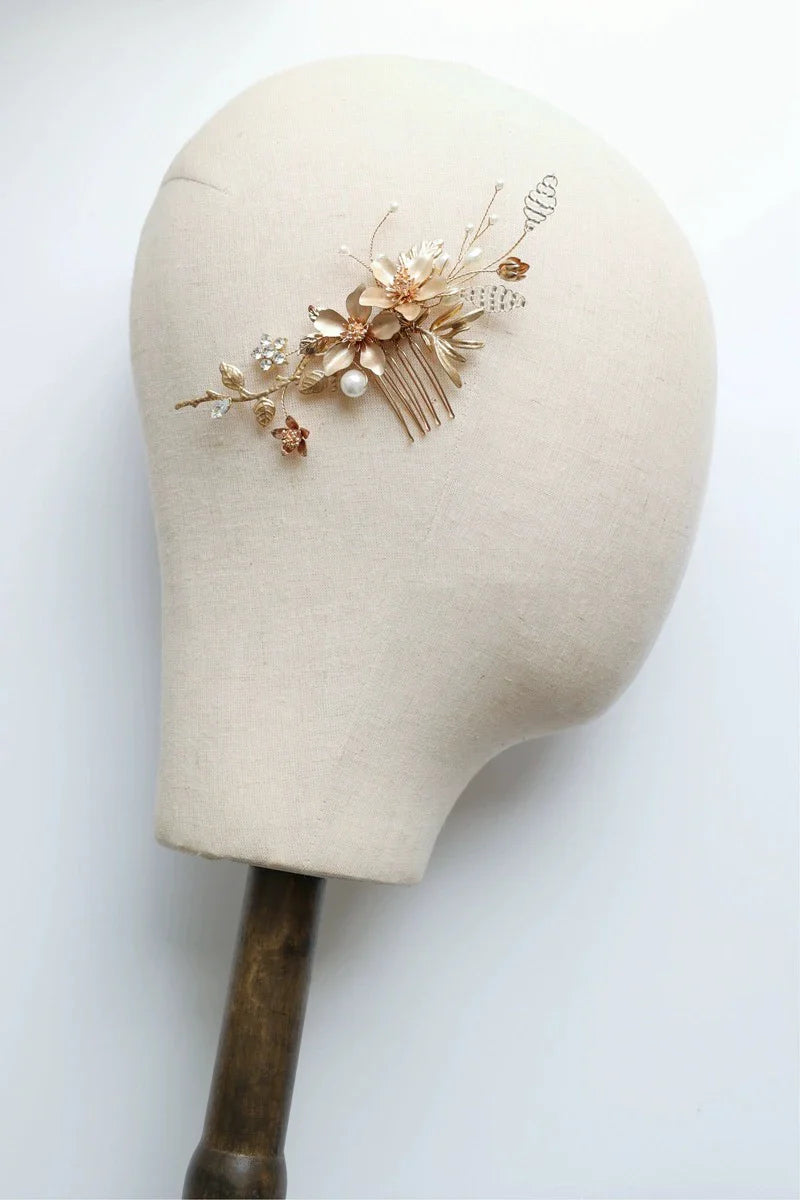 Bridal Jewelry Flower Leaf Hair Comb Pin Clip Vintage Gold Color Hairpin For Brides Bridesmaids Head Pieces Wedding Accessories