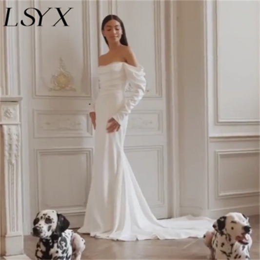 LSYX Off-Ombro Ruched Lantejoulas Mangas Compridas Crepe Sereia Vestido de Casamento Elegante Tribunal Trem Backless Vestido de Noiva Custom Made