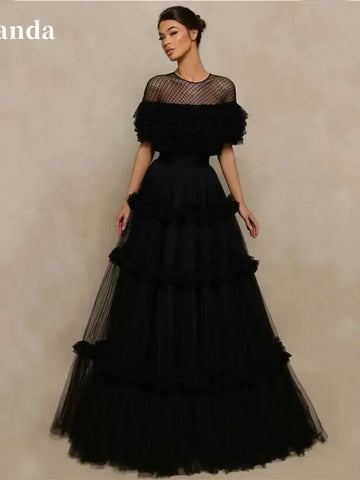 Black Tulle A-line Evening Dress Scoop Neck Party Dress Black