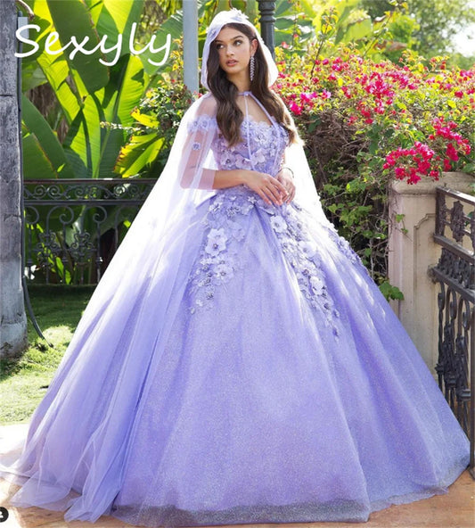 Fairytale Lilac Quinceanera Dresses With Cape 3D Florals Vestidos De 15 Xv Años Quinceañeras Birthday Party Gown Customized Lilac