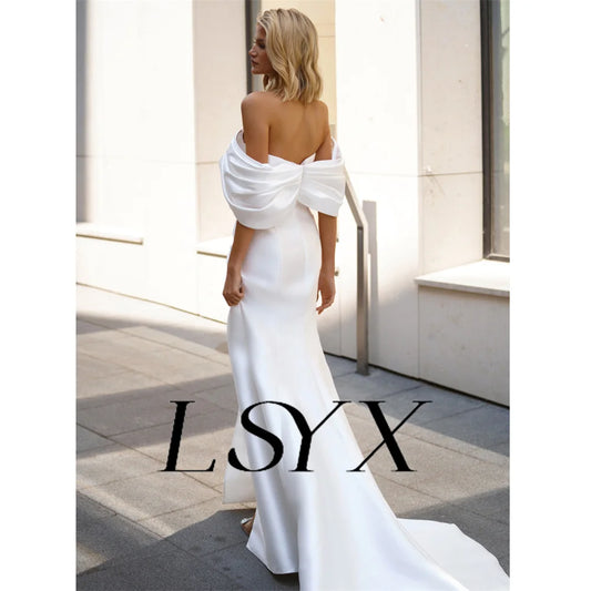 Lsyx vestido de noiva simples com pregas, ombro de fora, sereia, zíper, costas altas, comprimento até o chão, feito sob encomenda