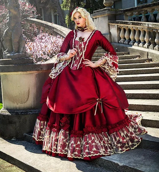 Medieval Fantasy Quinceanera Dresses Victorian Halloween Masquerade Prom Dress Ball Gown Queen Puffy Red Sweet 16 Customized Red
