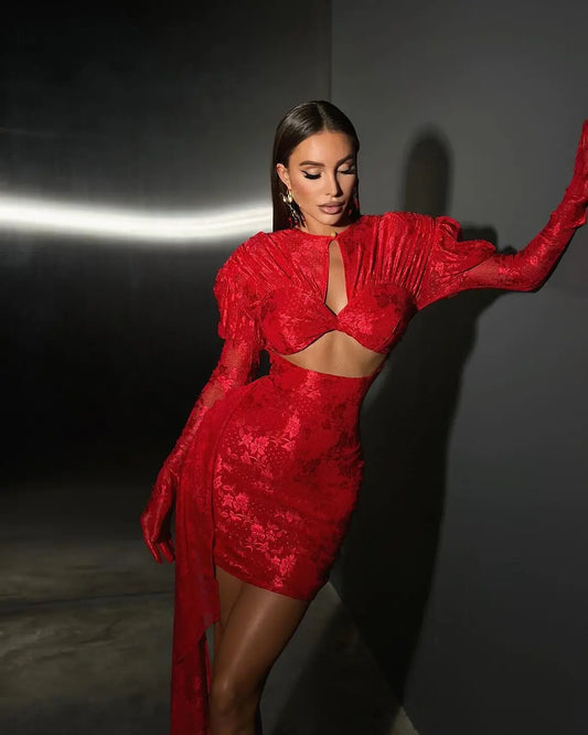 2024 Fashion Red White Women Gloves Sexy Bodycon Mini Draped Dress Nightclub Party Bar Singer Birthday Celebrate Dress Red