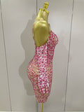 Sexy Sparkly Rhinestones Mesh Mini Dress With GlovesWomen Evening Birthday Party Celebrate Costume Dancer Stage Wear