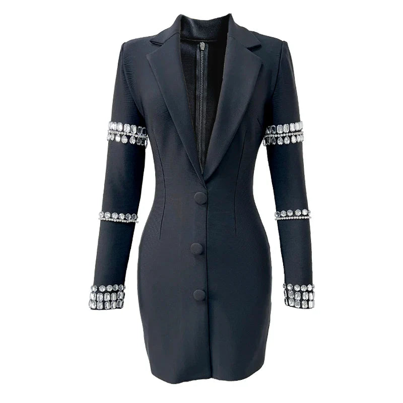 Fashion Black Color Women Long Sleeve Sexy V-Neck Bodycon Mini Bandage Dress Crystal Fashion Nightclub Party Outfit