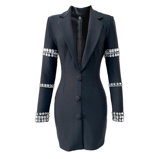 Fashion Black Color Women Long Sleeve Sexy V-Neck Bodycon Mini Bandage Dress Crystal Fashion Nightclub Party Outfit