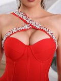 2024 Sexy Women's Wear Beaded Water Diamond Bandage Dress One Shoulder Sleeveless Bodycon Off the Back Long Dress Party Vestido