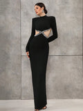 Women'S Light Luxury Nail Bead Sexy Backless Bandage Dress Stand Collar Long Sleeved Bodycon Backless Long Dress Vestidos black