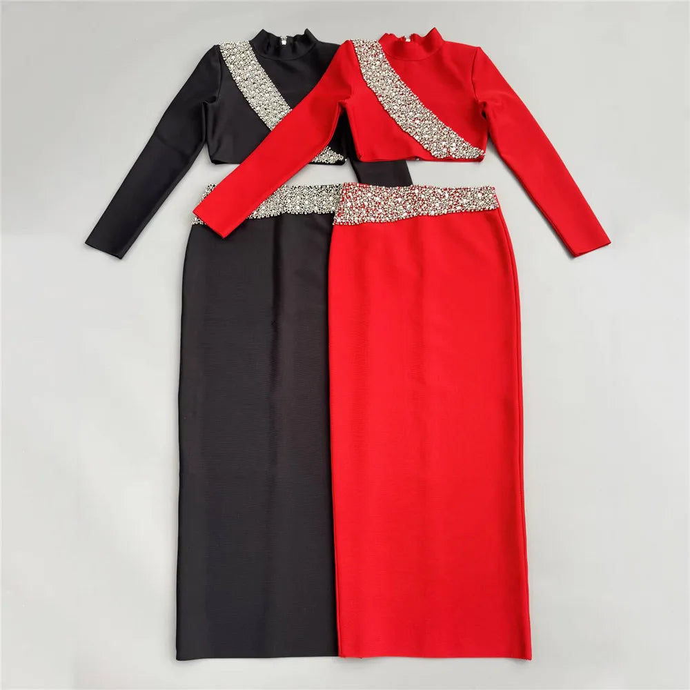 New Black Red Women Long Sleeve Shinning Diamond 2 Pieces Bodycon Bandage Long Dress Elegant Normal Evening Party Outfit