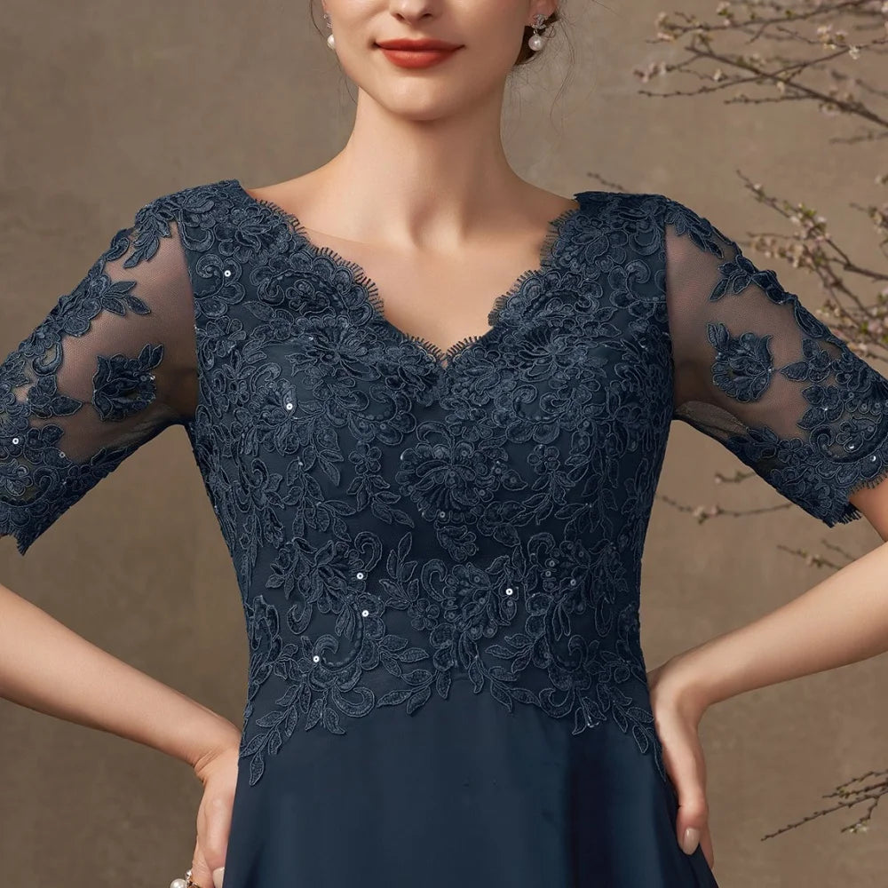 Customized Mother of Dresses Elegant Lace Vintage Evening Gowns Short Sleeve A Line Bride Party Dress robes invitée mariage