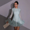 Solid Spliced Button Slimming Mini Dresses For Women O Neck Long Sleeve High Waist Patchwork Ruffles Female Fashion New 2025 Mint