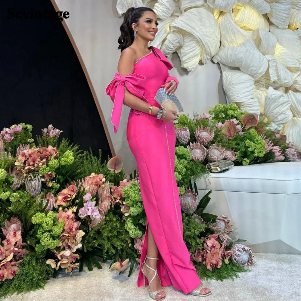 Elegant Hot Pink Mermaid Satin Prom Dress Sequineds One Shoulder With Bow Floor Length Evening Dress vestido de gala