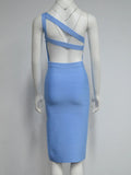 Elegant Women's Single Shoulder Sleeveless Bandage Dress with Diagonal Collar Bodycon Bareback Split and Knee Dress Vestido