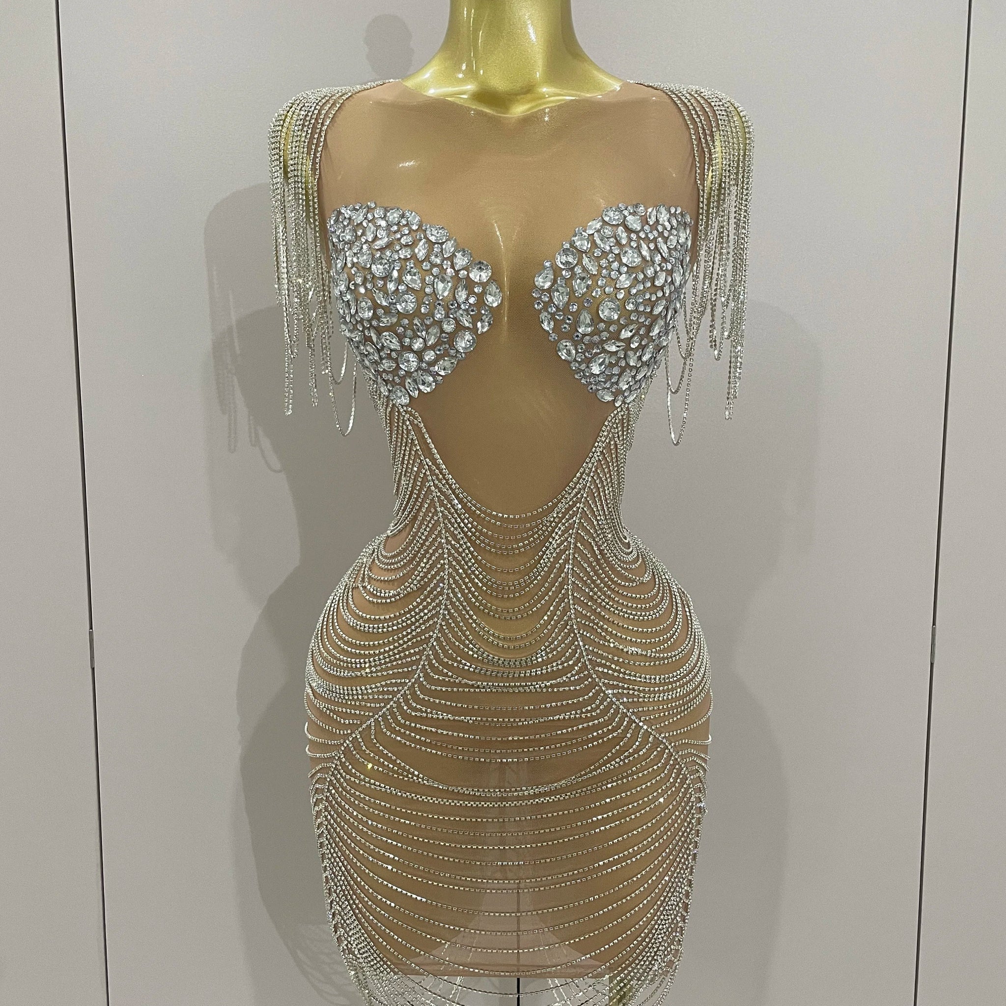 Sparkly Diamonds Crystal Sexy Mesh See Through Mini Dress Women Birthday Party Club Celebrate Stage Performance Costume Silver