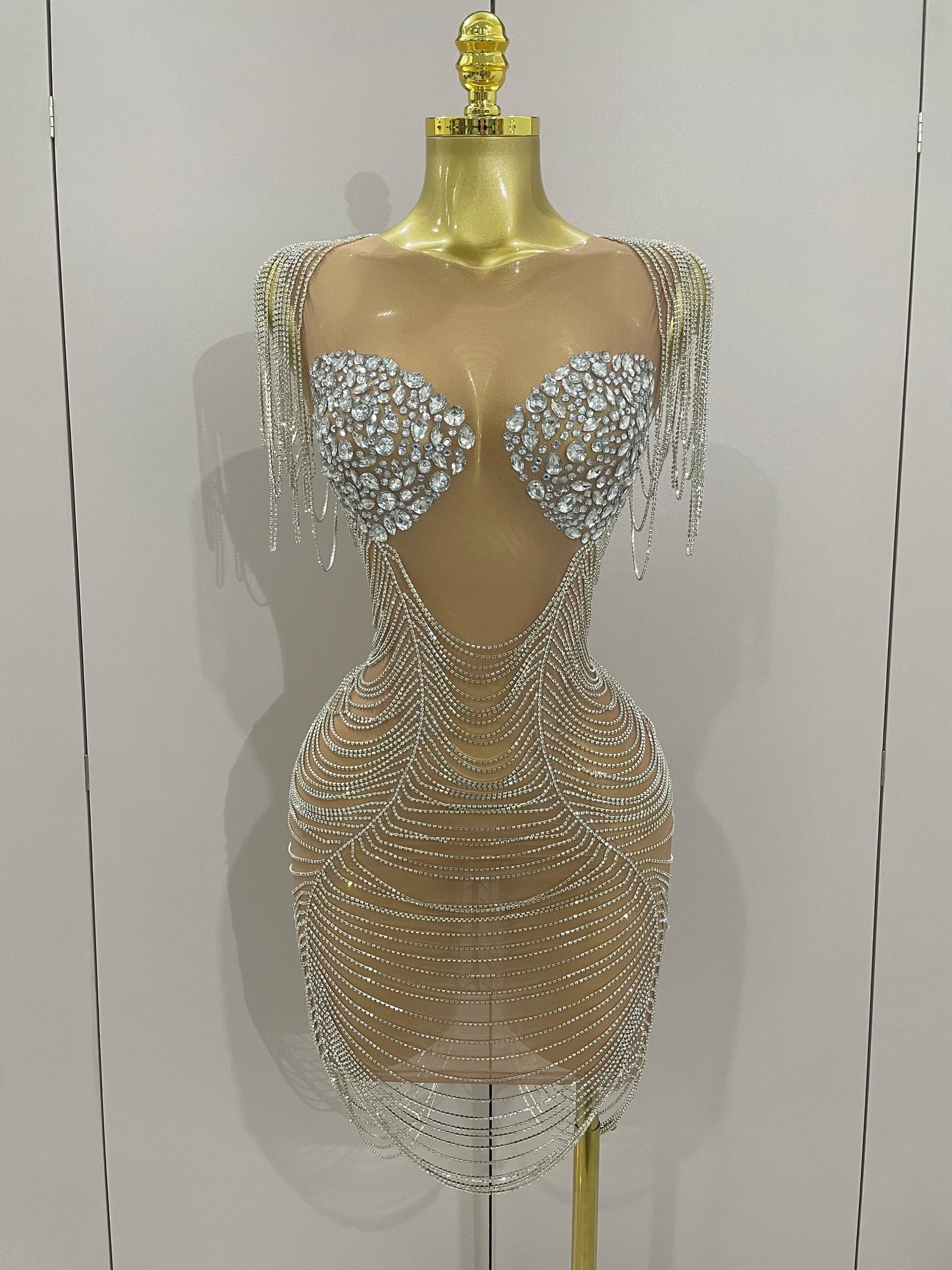 Sparkly Diamonds Crystal Sexy Mesh See Through Mini Dress Women Birthday Party Club Celebrate Stage Performance Costume Silver