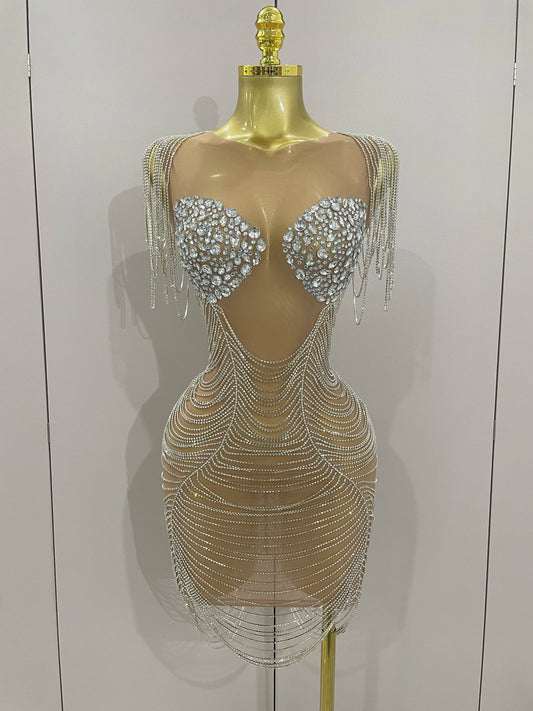 Sparkly Diamonds Crystal Sexy Mesh See Through Mini Dress Women Birthday Party Club Celebrate Stage Performance Costume Silver