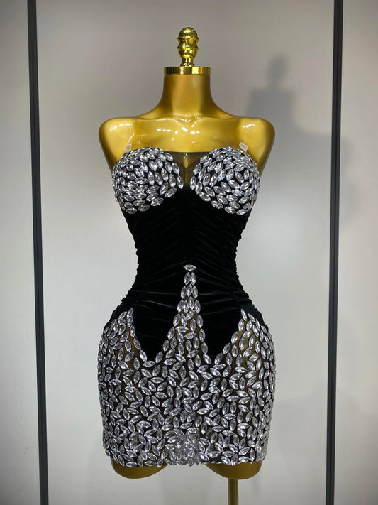 Women Sexy Bodycon Mini Dress Nightclub Elegant Evening Party Birthday Dress Celebrity Singer Shining Diamond Stage Costume black