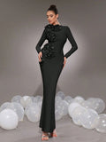 Elegant Women's 3D Flower Decorative Bandage Dress O-neck Long Sleeve Bodycon Long Dress Cocktail Evening Party Vestidos black