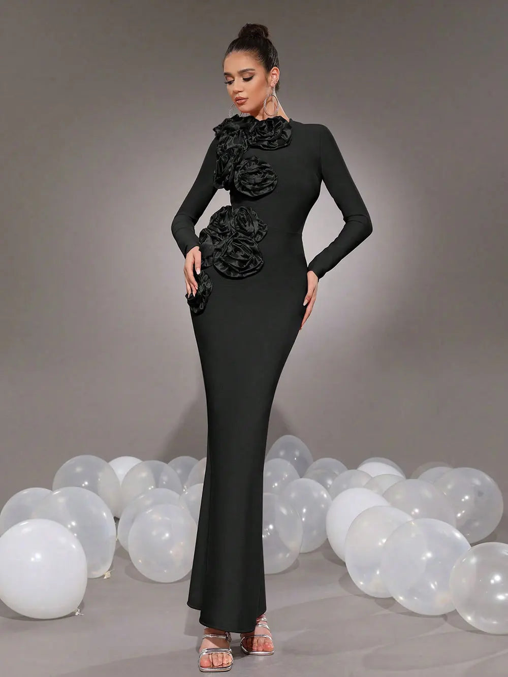Elegant Women's 3D Flower Decorative Bandage Dress O-neck Long Sleeve Bodycon Long Dress Cocktail Evening Party Vestidos black