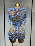 Women Sexy Mesh See Through Sparkly Rhinestones Chain Stage Costume Nightclub Celebrate Evening Party Performance Outfit