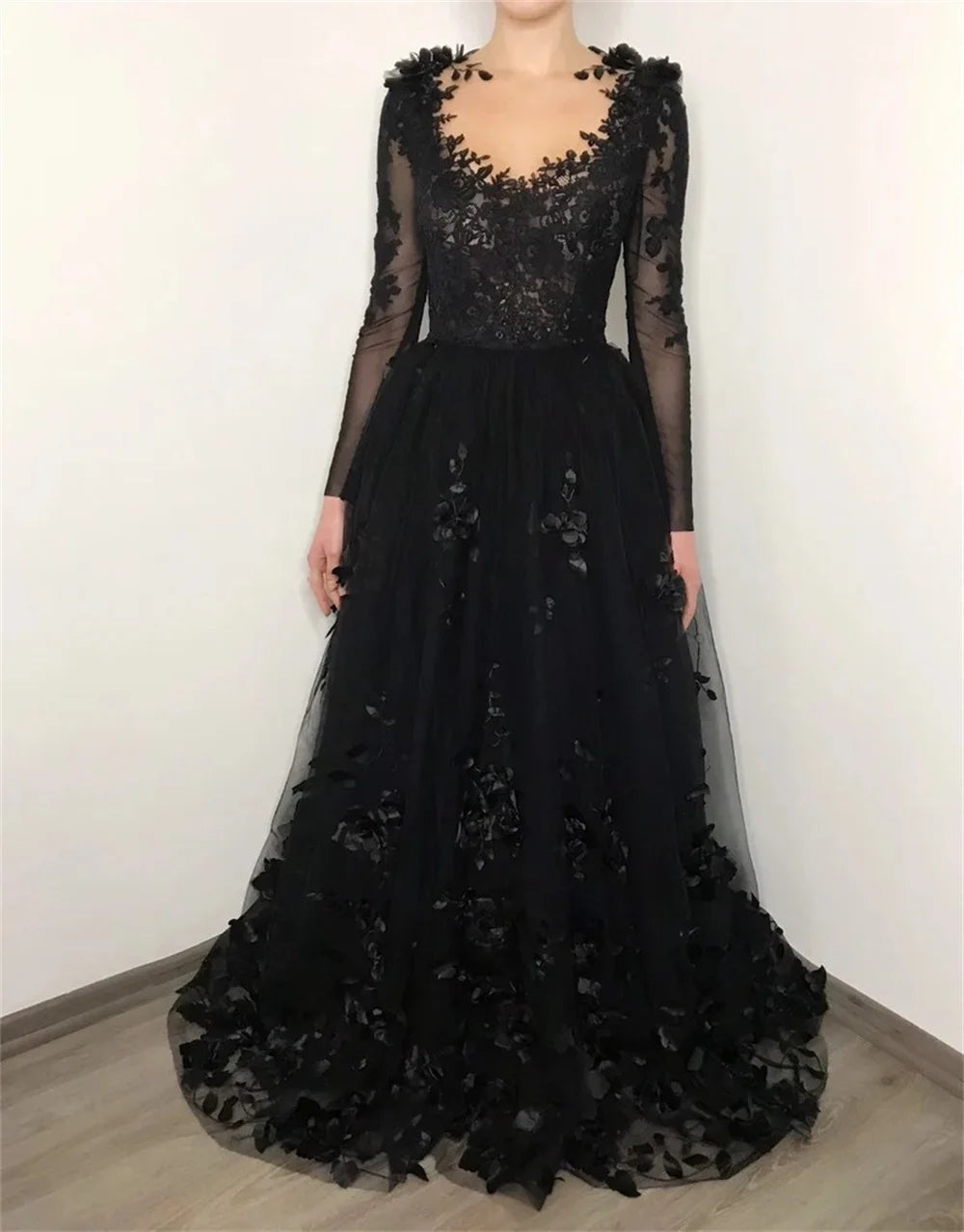 Luxury Lace Embroid Prom Dress Sexy Long Sleeve A-line فساتين السهرة Black 3D Flower Embroid Vestidos De Noche