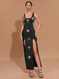 Sexy Women's Light Luxury Nail Diamond Design Split Bandage Dress O-Neck Sleeveless Bodycon Black Long Dress Party Vestidos