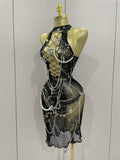 Sexy Black See-Through Pin Decoration Chain Beading Short Dress Women Birthday Evening Party Nightclub Performance Costume